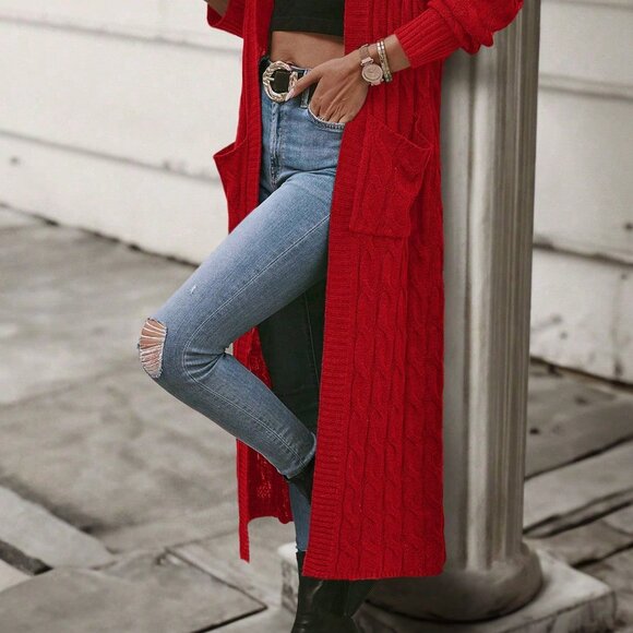 Red Casual Women's Long Cardigan - Picture 5 of 6